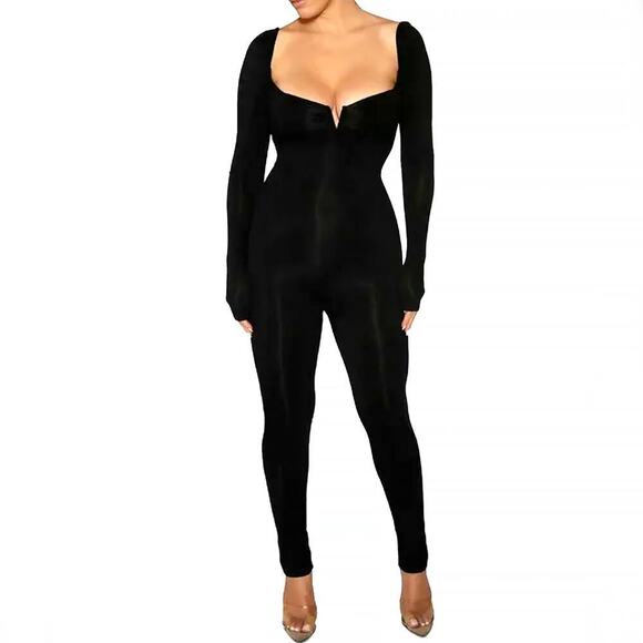 Naked Wardrobe Black NW Long Sleeve Square Neck‎ Full Length Jumpsuit Catsuit M - Picture 1 of 8